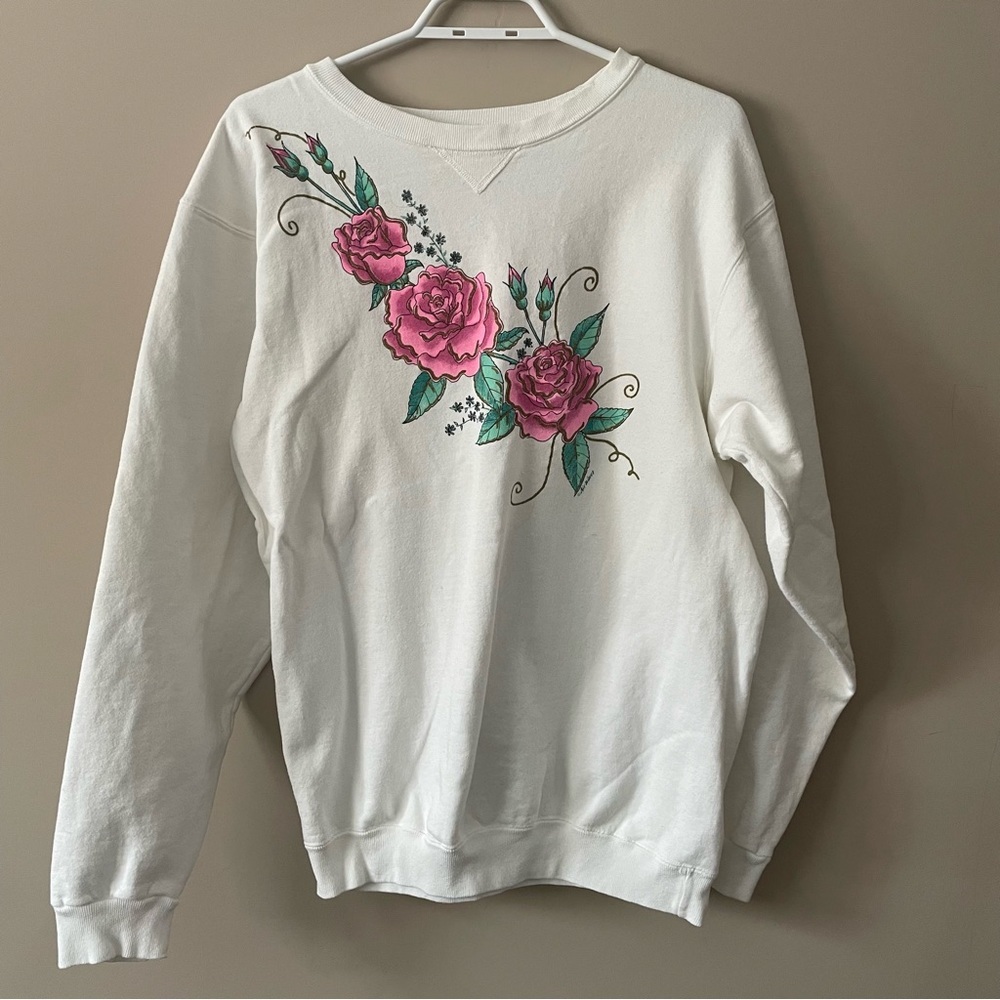 Vintage White Sweater with Pink Floral Design